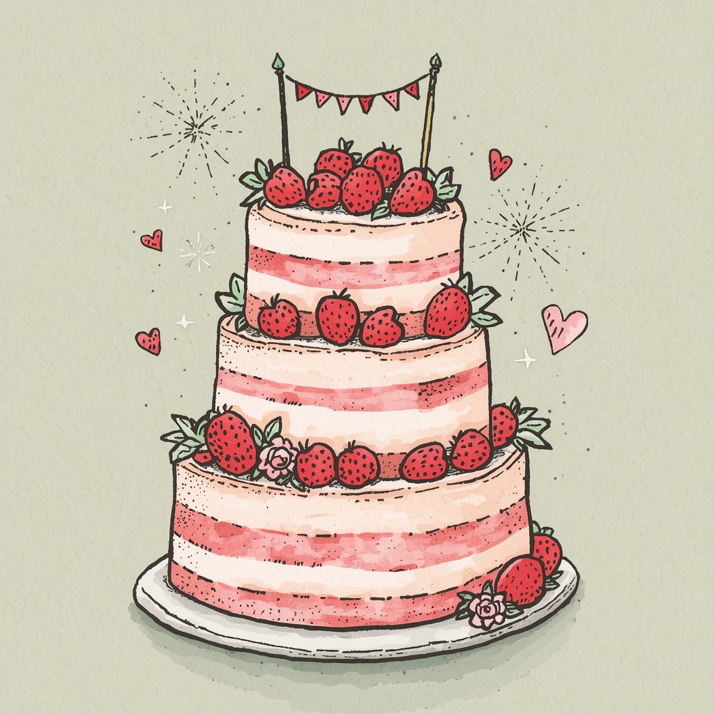 Gezeichnete dreistöckige Torte mit Erdbeeren, Wimpelgirlande und Herzchen